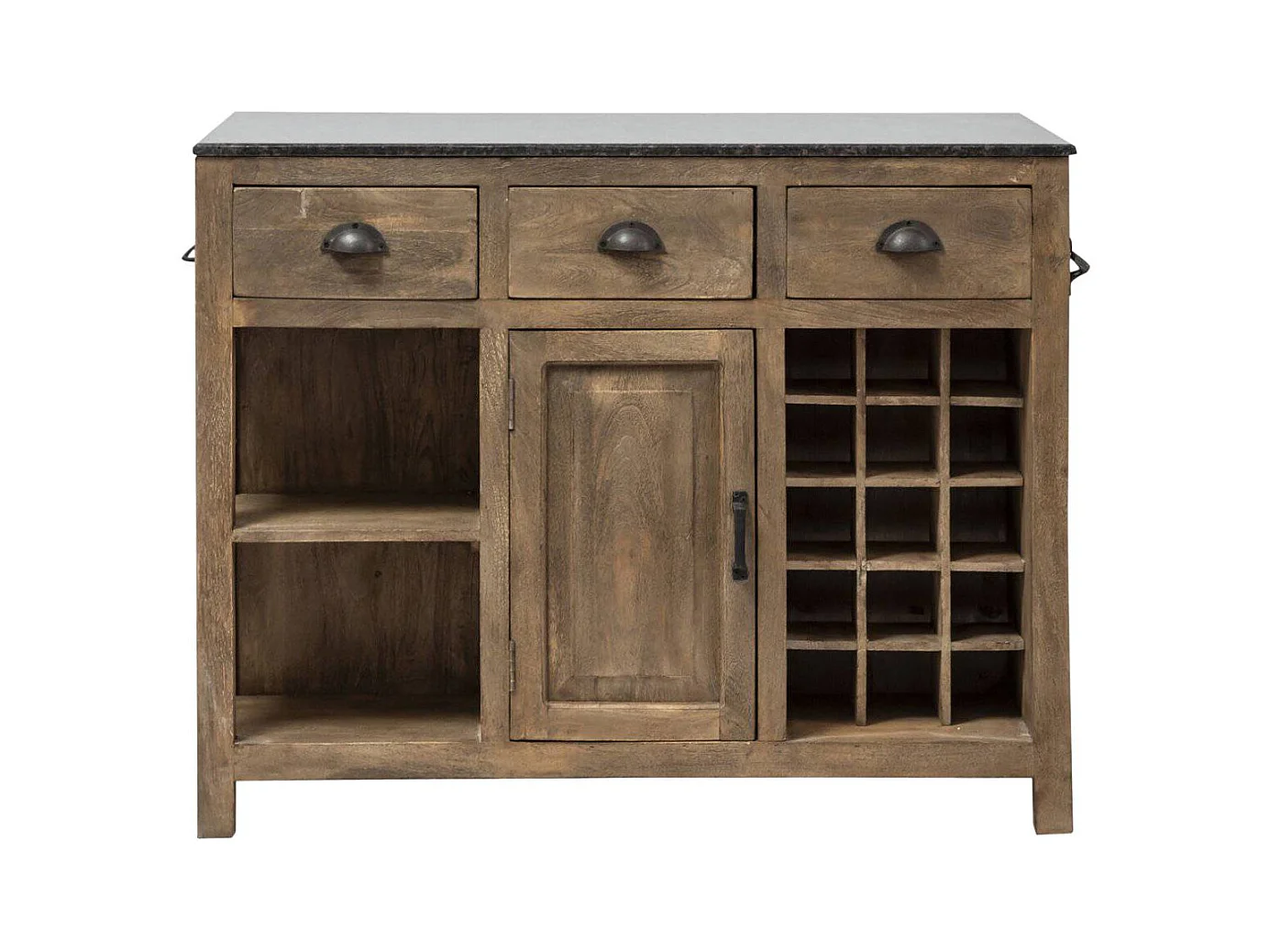 Isla central de madera de mango y encimera de mármol Paul - Almacenamiento para vajilla y botellas