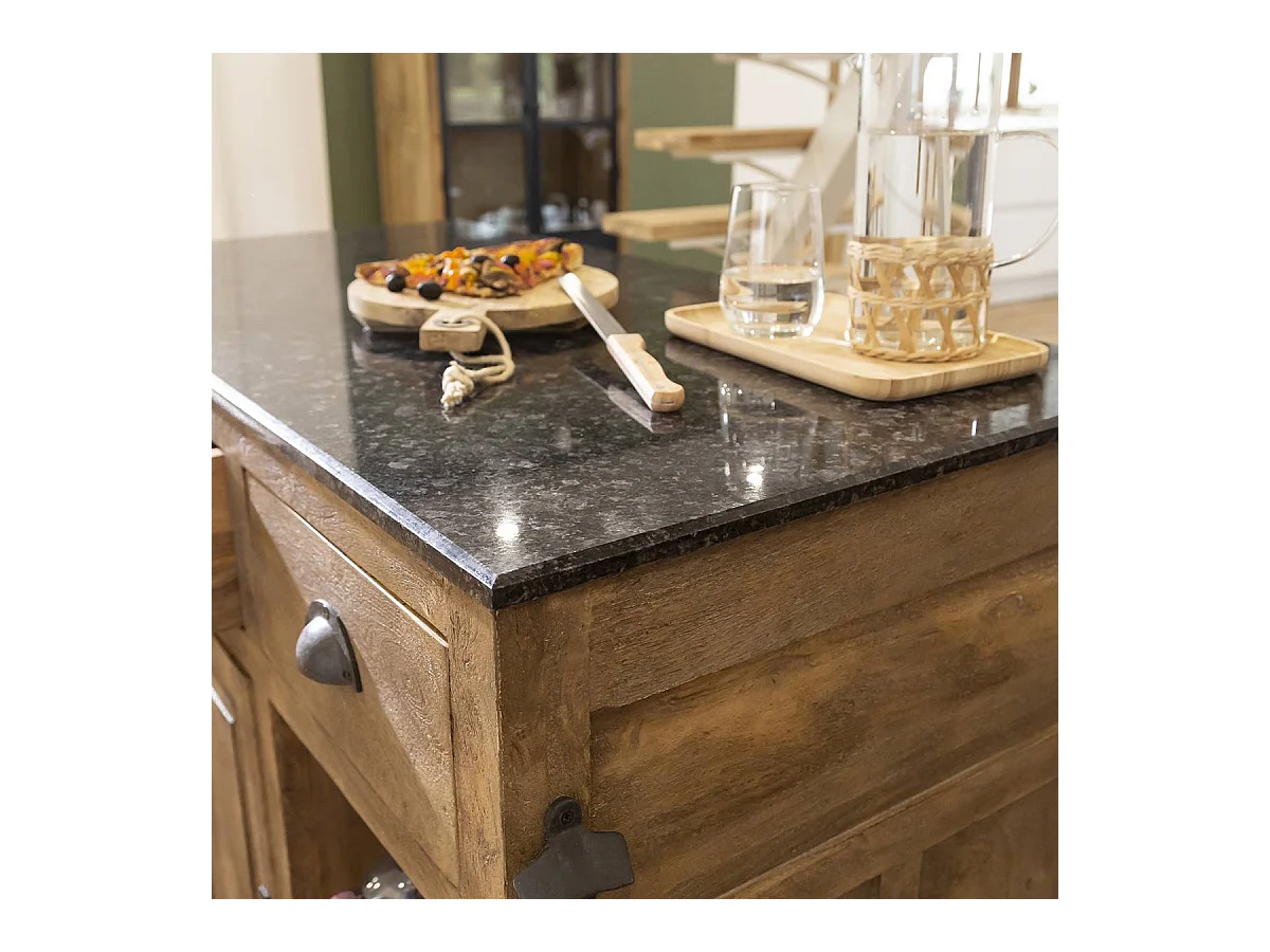 Isla central de madera de mango y encimera de mármol Paul - Almacenamiento para vajilla y botellas
