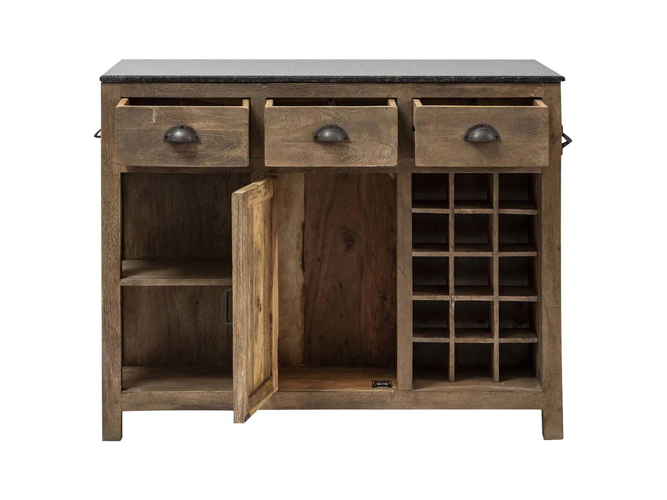 Isla central de madera de mango y encimera de mármol Paul - Almacenamiento para vajilla y botellas