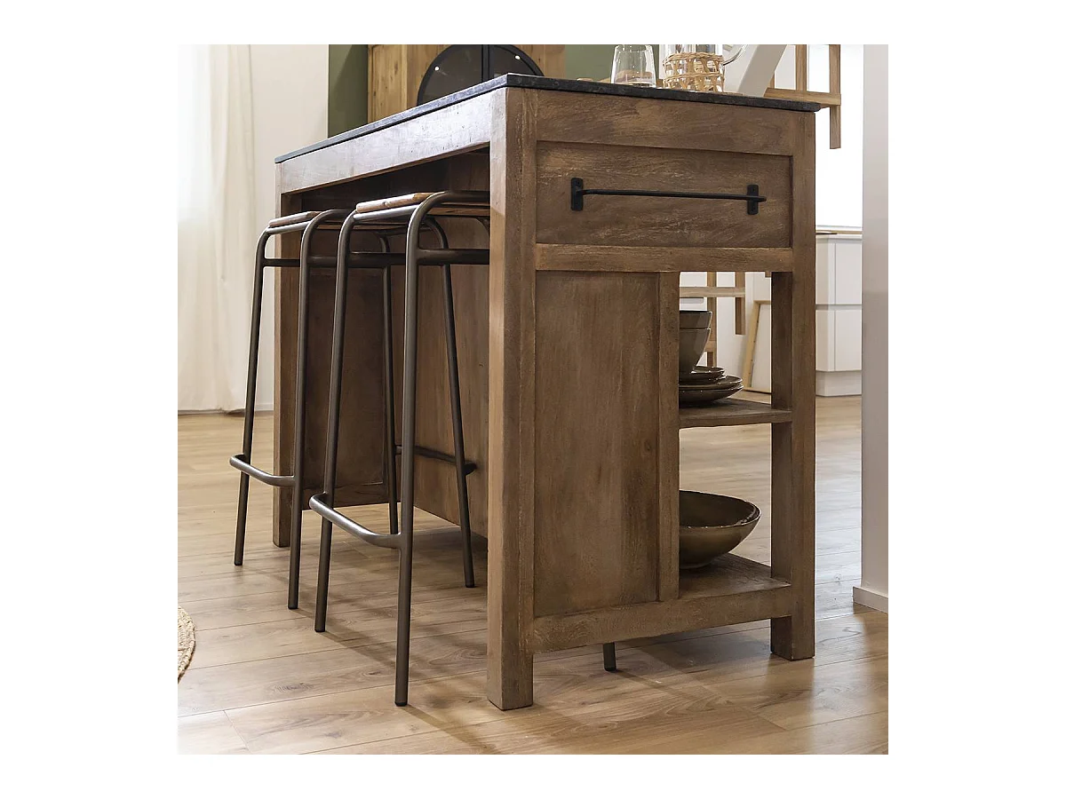 Isla central de madera de mango y encimera de mármol Paul - Almacenamiento para vajilla y botellas