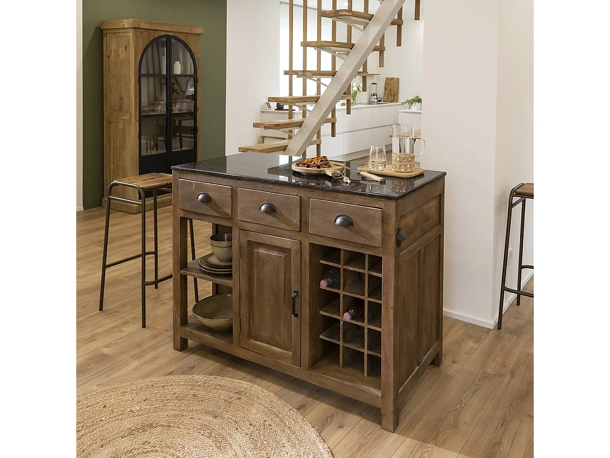 Ilot central en bois de manguier et plateau en marbre Paul