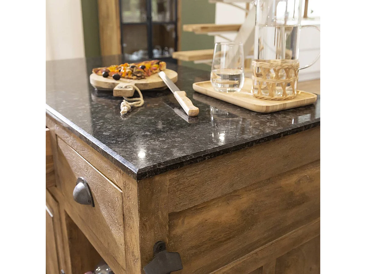 Ilot central en bois de manguier et plateau en marbre Paul