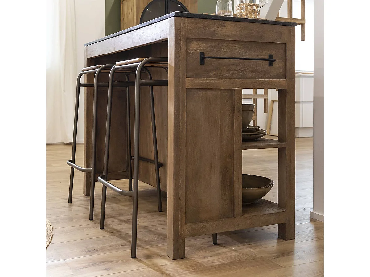 Ilot central en bois de manguier et plateau en marbre Paul