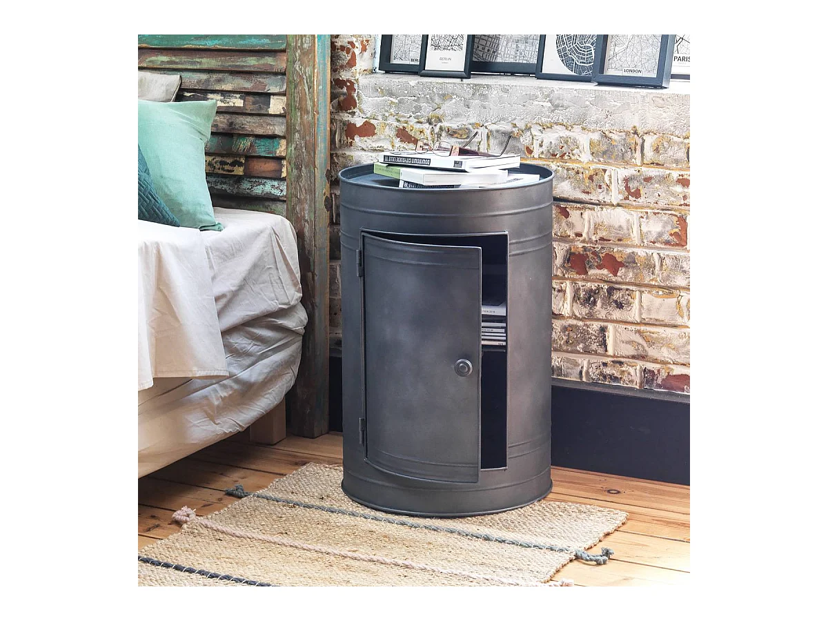 Mesa de noche industrial de metal gris con almacenamiento Meryl