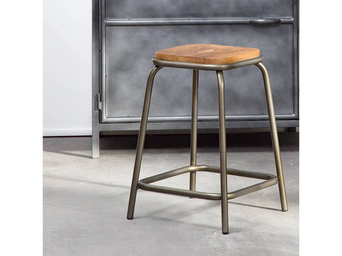 Taburete escolar vintage de metal y madera gris oscuro