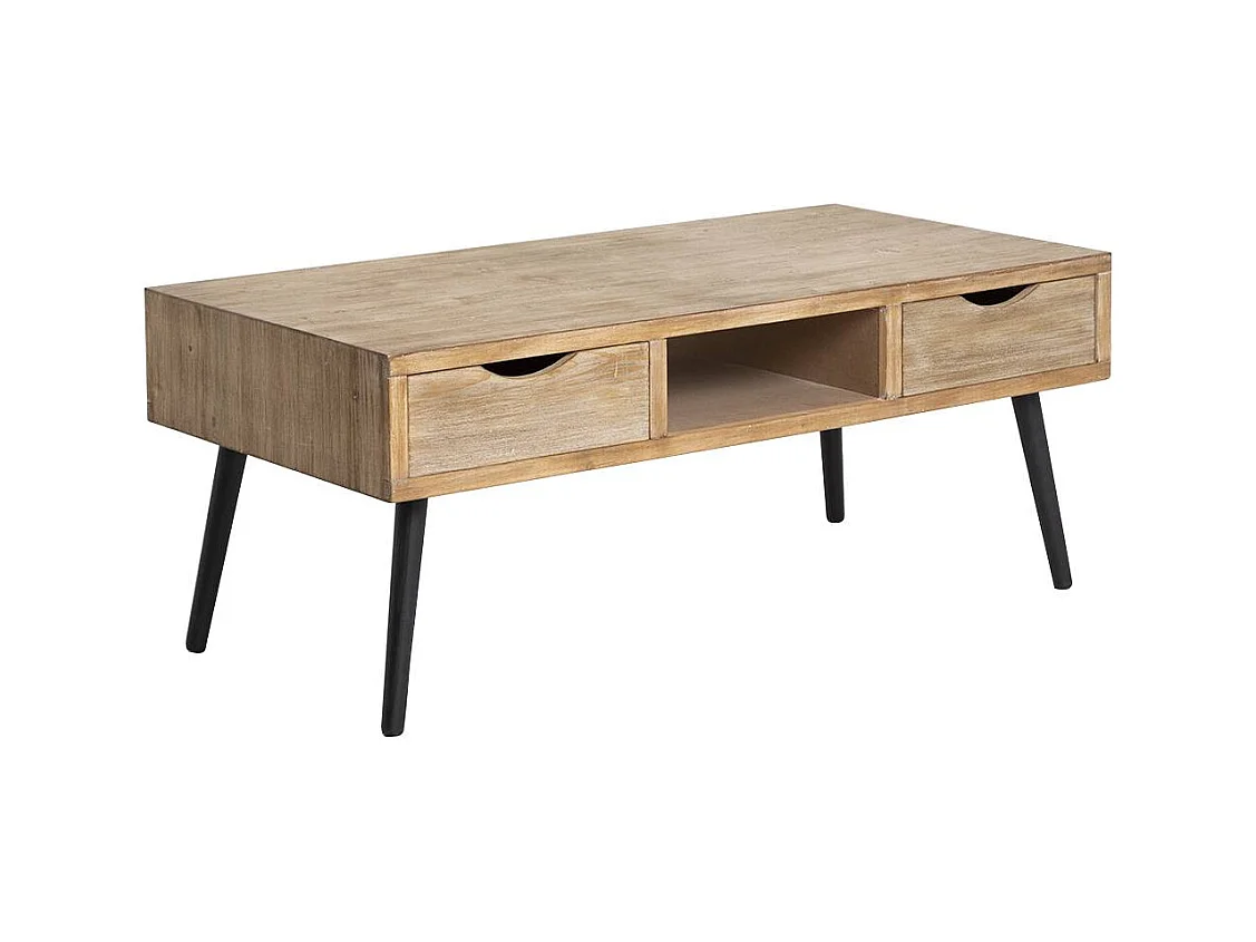 Mesa de centro de madera de pino con base de compás de metal negro