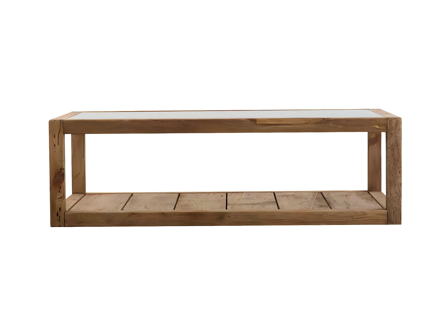 Mesa de centro de madera reciclada y vidrio Blaise con doble estante de almacenamiento