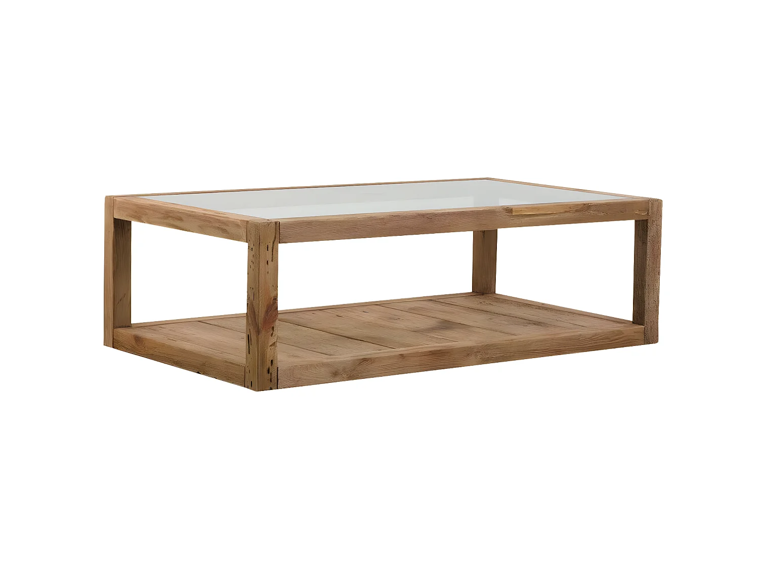 Mesa de centro de madera reciclada y vidrio Blaise con doble estante de almacenamiento