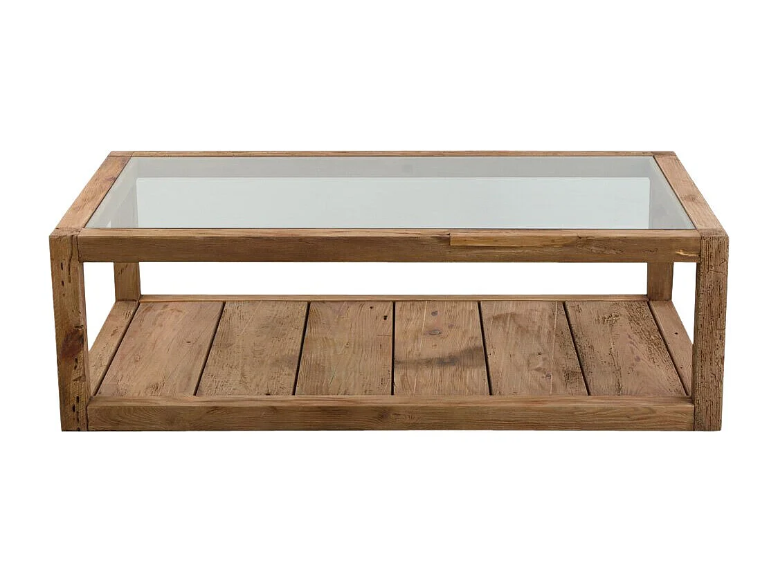 Mesa de centro de madera reciclada y vidrio Blaise con doble estante de almacenamiento