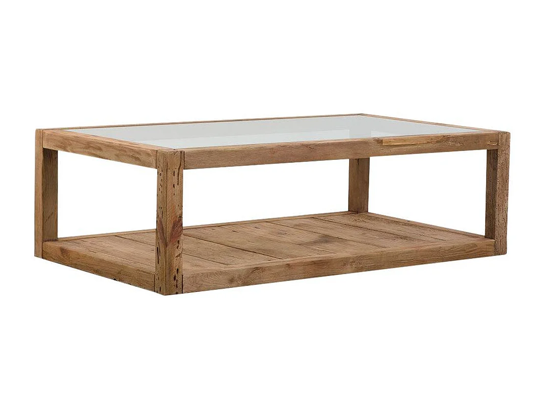 Mesa de centro de madera reciclada y vidrio Blaise con doble estante de almacenamiento