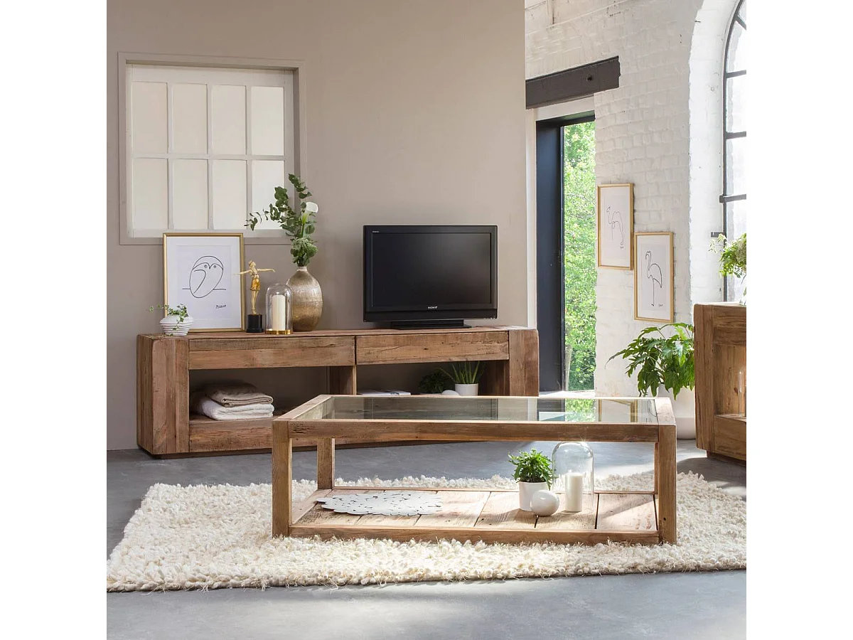 Mesa de centro de madera reciclada y vidrio Blaise con doble estante de almacenamiento