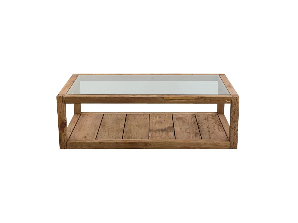 Mesa de centro de madera reciclada y vidrio Blaise con doble estante de almacenamiento