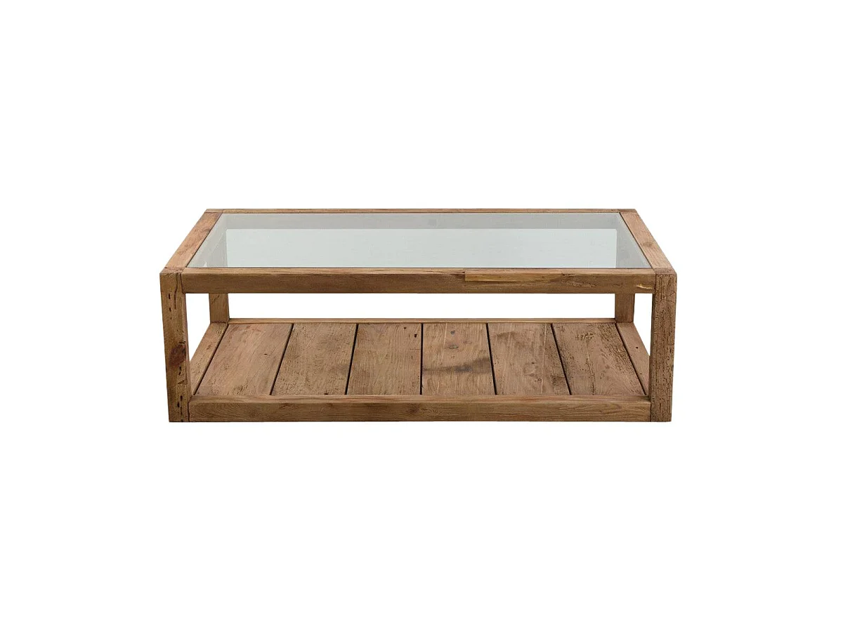 Mesa de centro de madera reciclada y vidrio Blaise con doble estante de almacenamiento