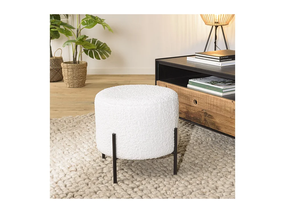 AGATHE - Tabouret rond 40x40cm tissu bouclette blanc pieds métal noir