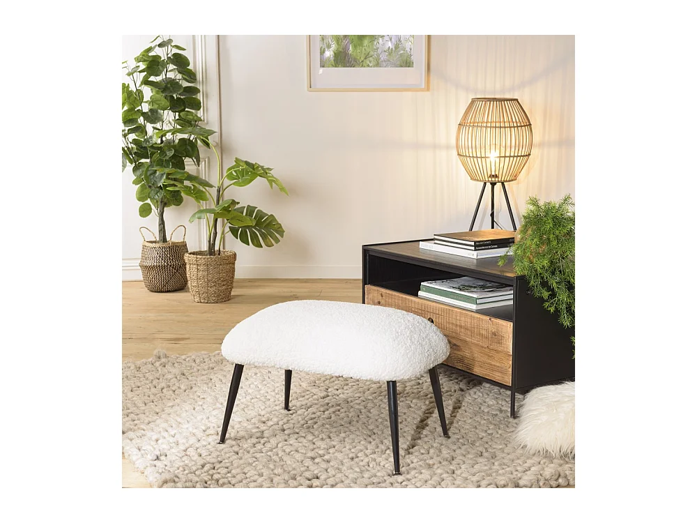 AGATHE - Tabouret cosy tissu bouclette blanc pieds métal noir