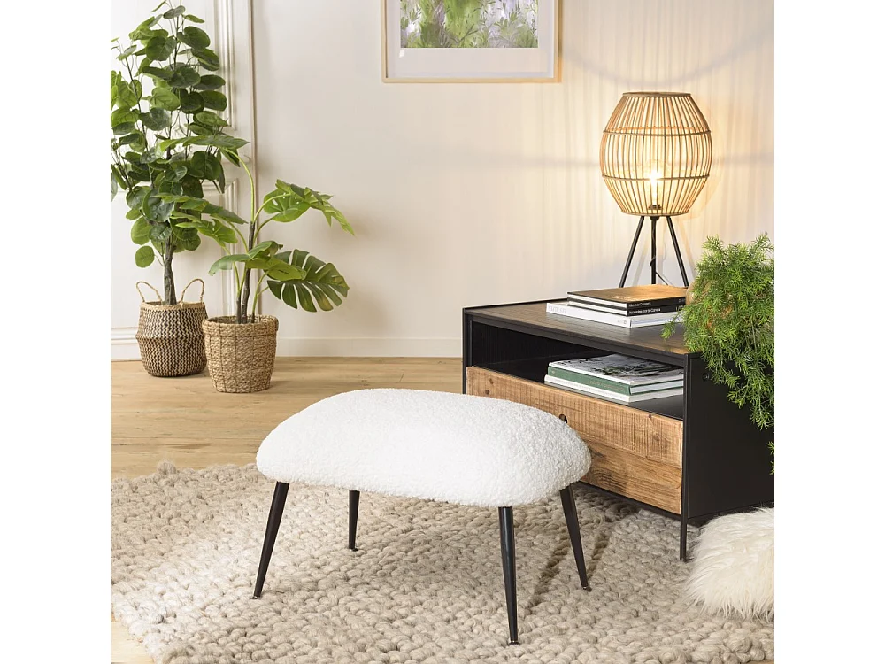 AGATHE - Tabouret cosy tissu bouclette blanc pieds métal noir