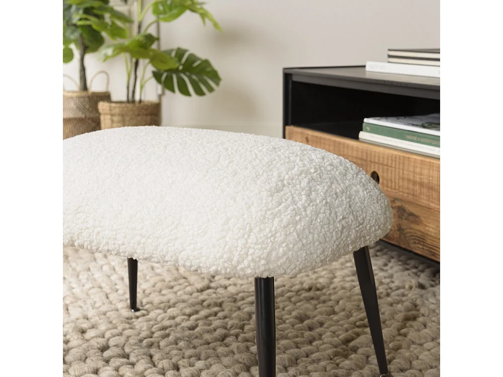 AGATHE - Tabouret cosy tissu bouclette blanc pieds métal noir