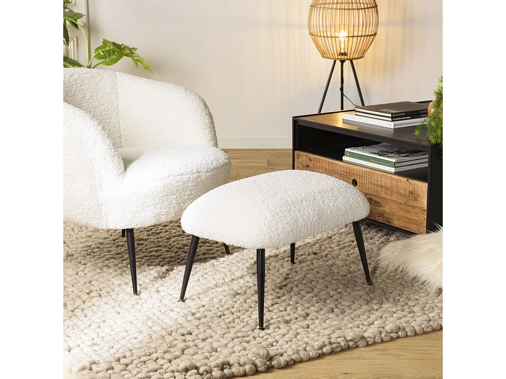 AGATHE - Tabouret cosy tissu bouclette blanc pieds métal noir