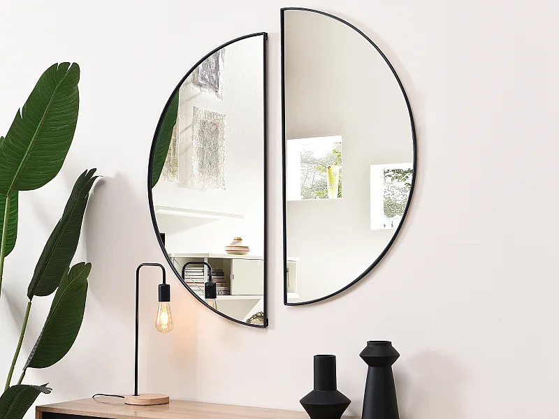 Lot de 2 miroirs demi-cercle design en métal - L.50 x H.100 cm - Noir - GAVRA