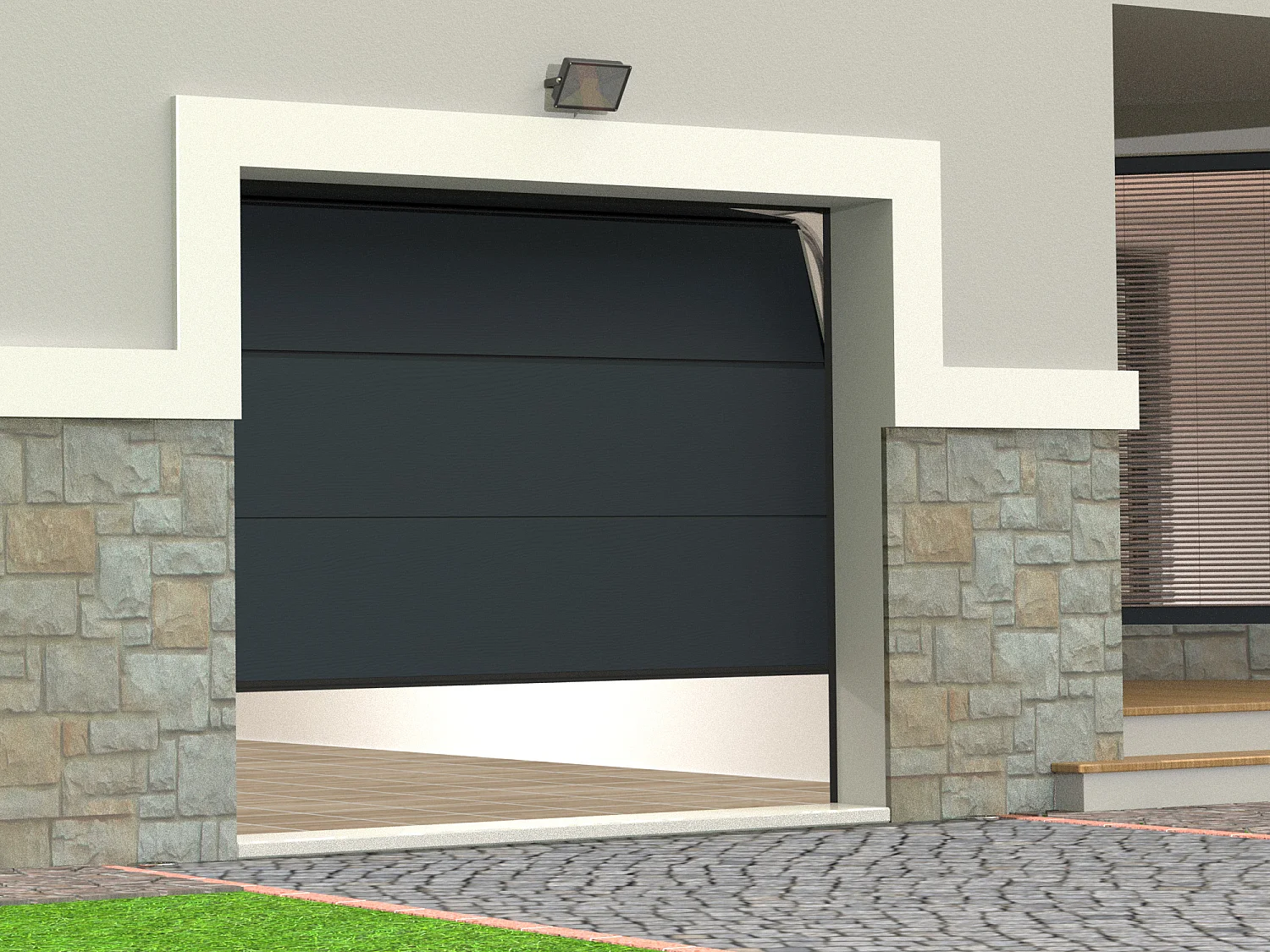 Porte de garage sectionnelle effet bois anthracite motorisée L254 x H218 cm - PRIETA