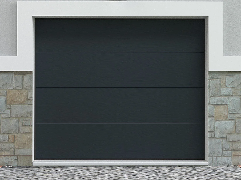 Porte de garage sectionnelle effet bois anthracite motorisée L254 x H218 cm - PRIETA