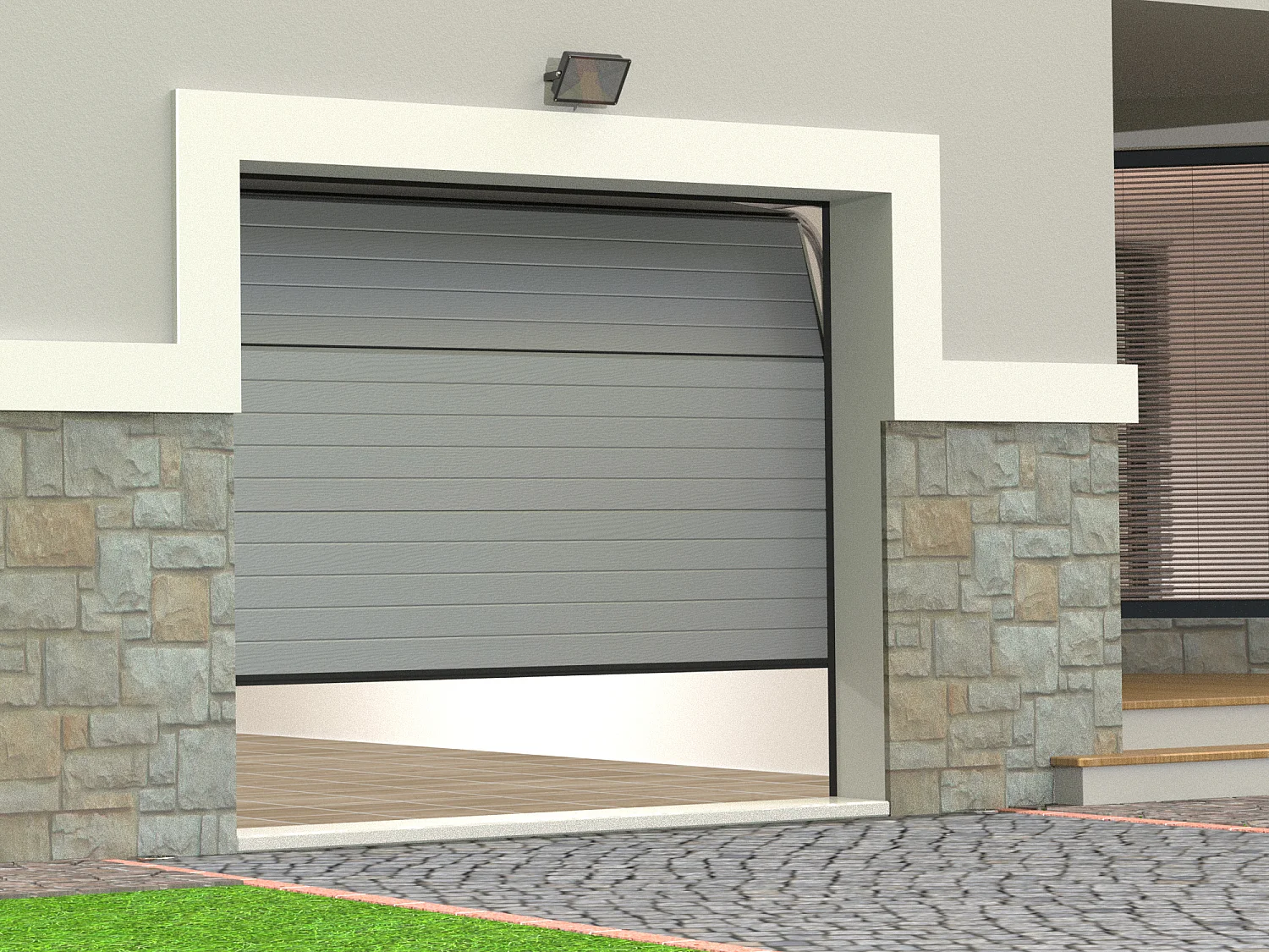 Porta de garagem seccionada efeito ranhurado cinza com motor Somfy - NORIA