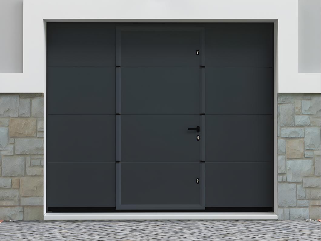 Porte de garage sectionnelle effet lisse portillon central anthracite motorisée L254 x H213 cm - LAVEGA