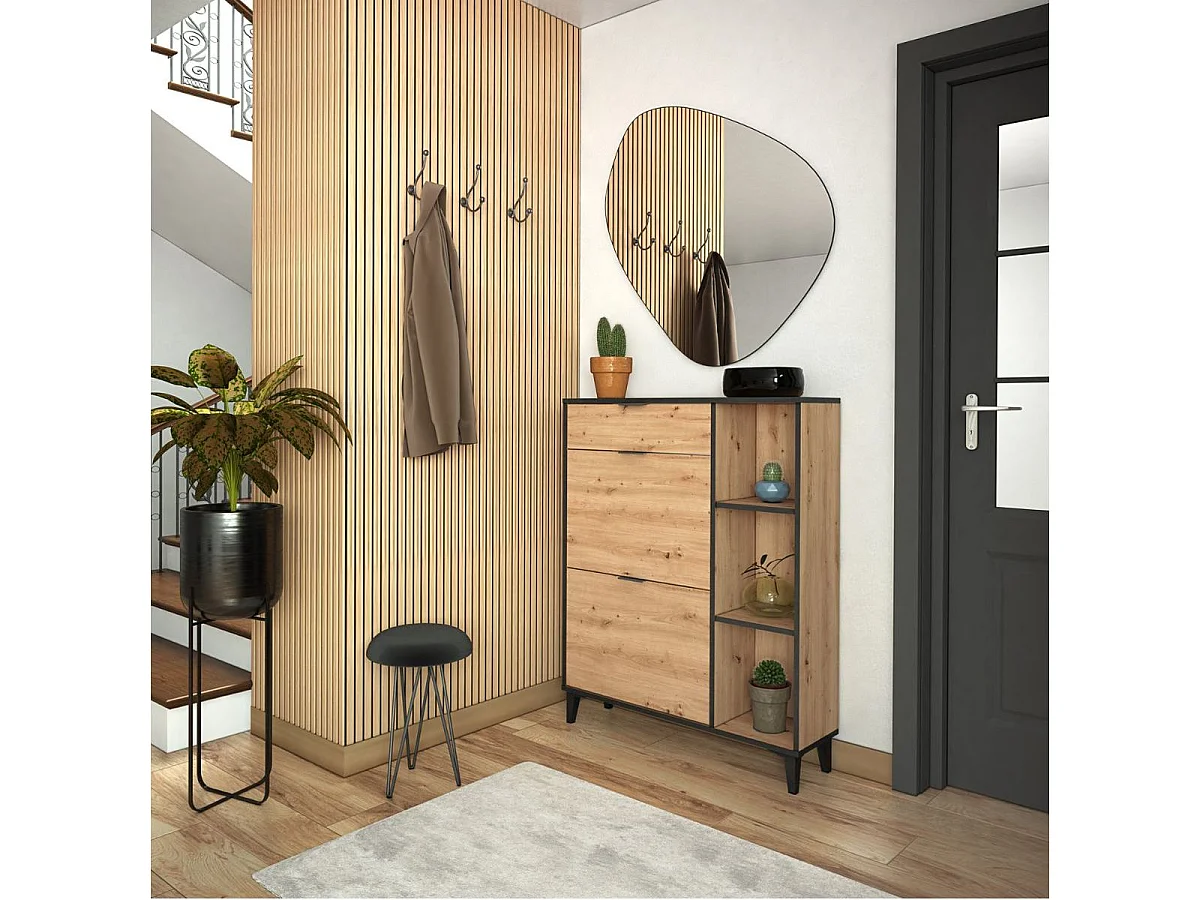 Zapatero Ritual 2 puertas + cajón + 3 compartimentos negro/natural 110,8x90,1x24,5 cm