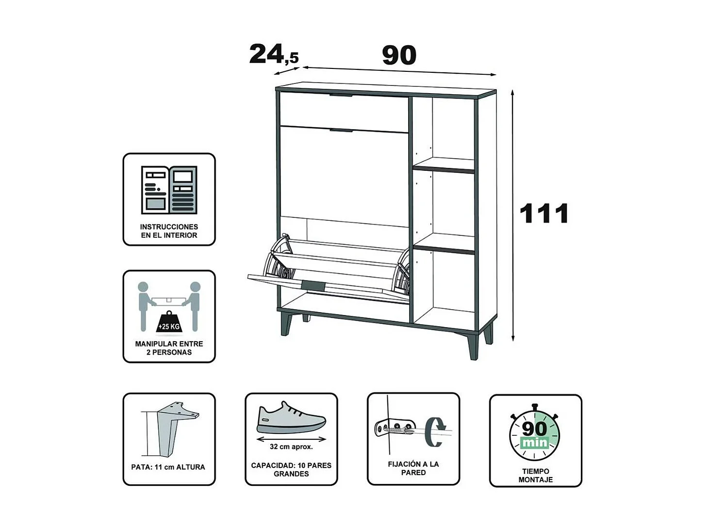 Zapatero Ritual 2 puertas + cajón + 3 compartimentos negro/natural 110,8x90,1x24,5 cm