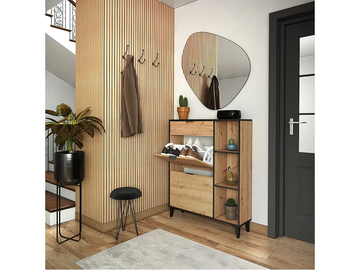 Zapatero Ritual 2 puertas + cajón + 3 compartimentos negro/natural 110,8x90,1x24,5 cm