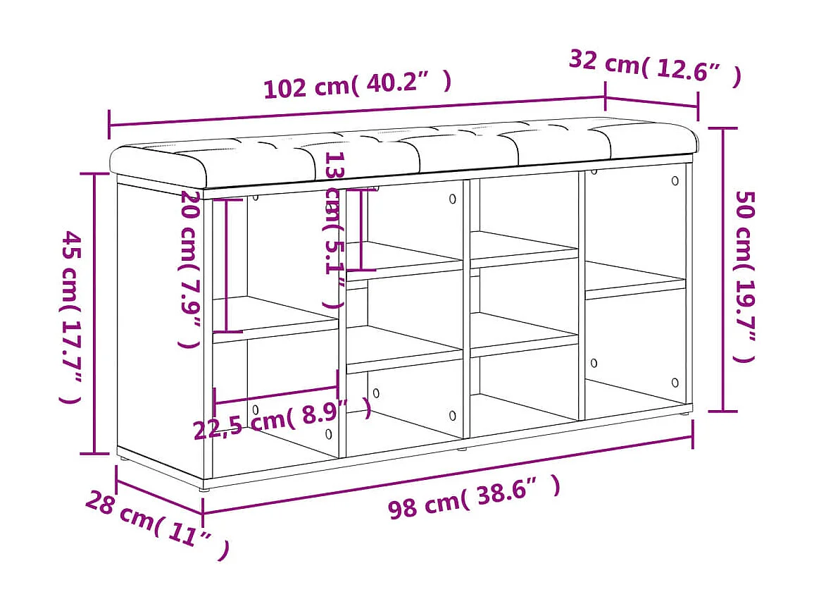 Banc à chaussures chêne sonoma 102x32x50 cm bois d'ingénierie