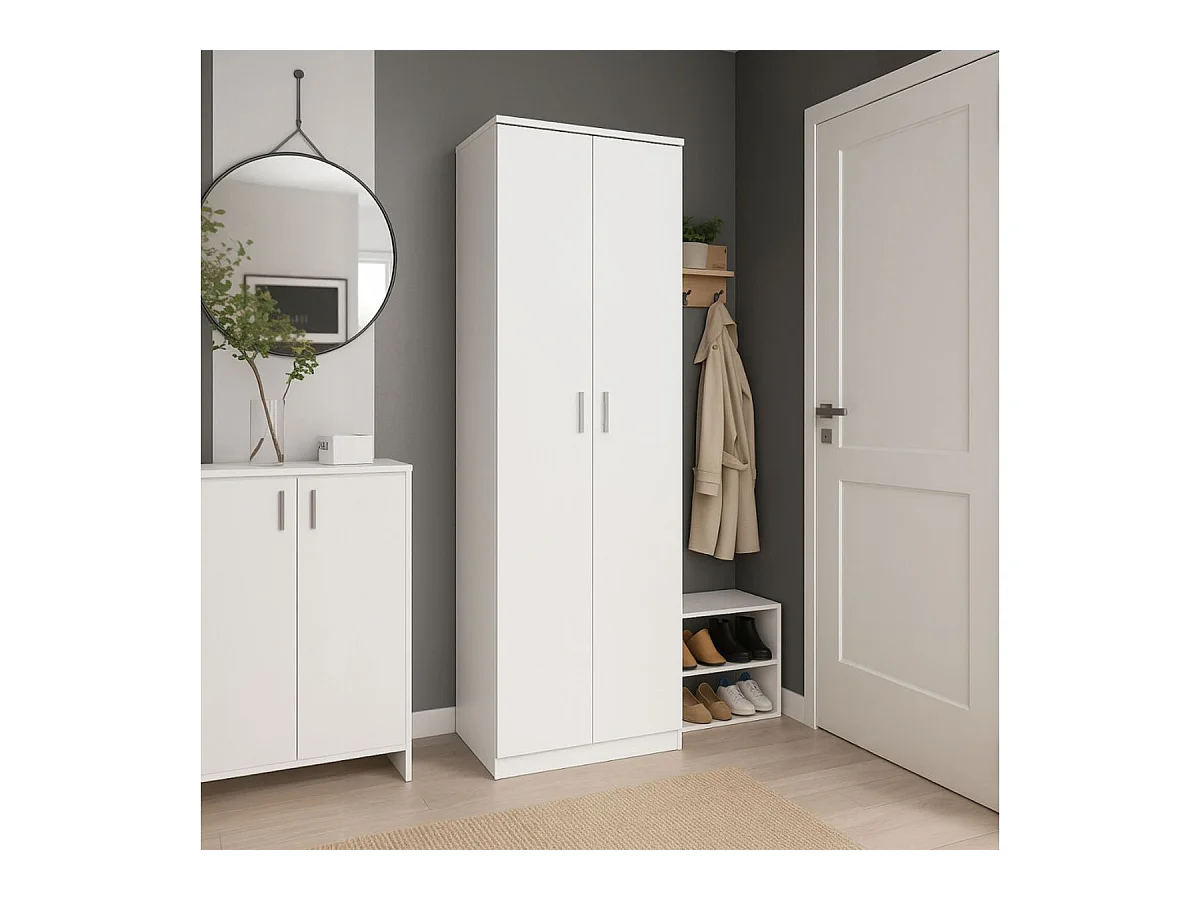 Meuble à chaussures d'entrée, meuble auxiliaire blanc, 2 portes, 6 étagères, 60 cm