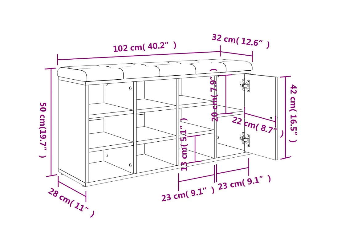 Banc à chaussures chêne sonoma 102x32x50 cm bois d'ingénierie