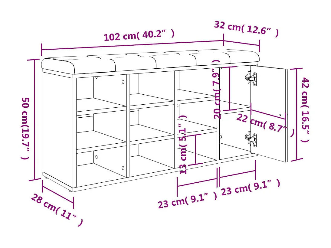 Banc à chaussures chêne sonoma 102x32x50 cm bois d'ingénierie
