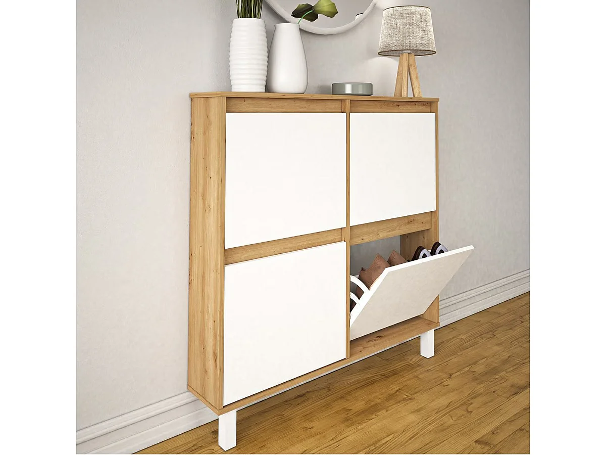 Zapatero Dewe 4 puertas abatibles blanco/natural 110x110x20 cm