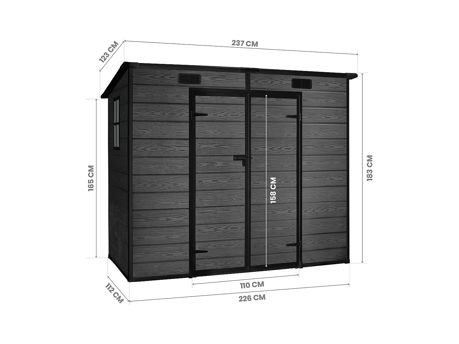 Wasabi - Riparo da Giardino in Resina Nero 2,9m² Unità - 158x158x196cm - Riparo da giardino esterno - Porta doppia a battente - Finestra con luce naturale