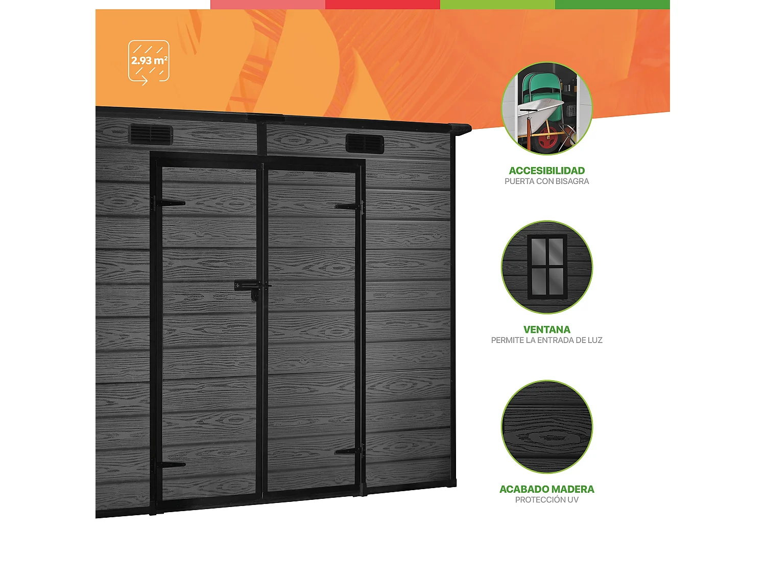 Wasabi - Cobertizo de Resina Negro 2,9m² Unit - 158x158x196cm - Cobertizo de jardín exterior - Doble puerta abatible - Ventana con luz natural