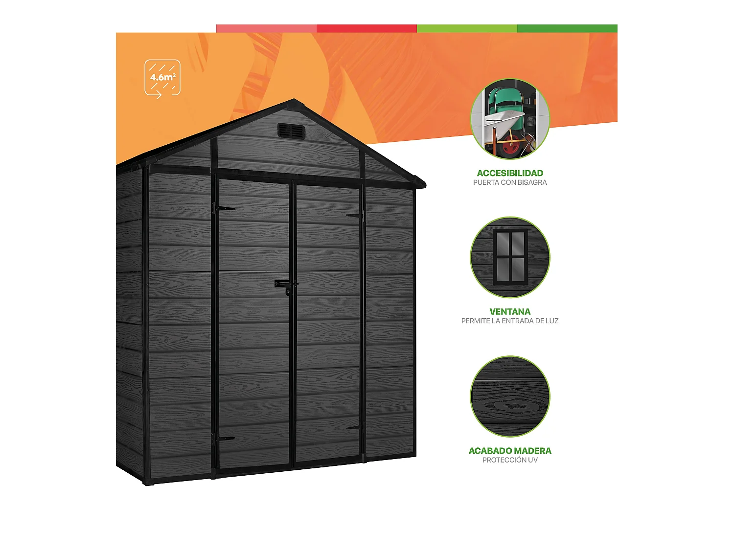 Wasabi - Riparo da Giardino in Resina Nero 4,6m² Aqua - 178x178x196cm - Riparo da giardino esterno - Porta doppia a battente - Finestra con luce naturale