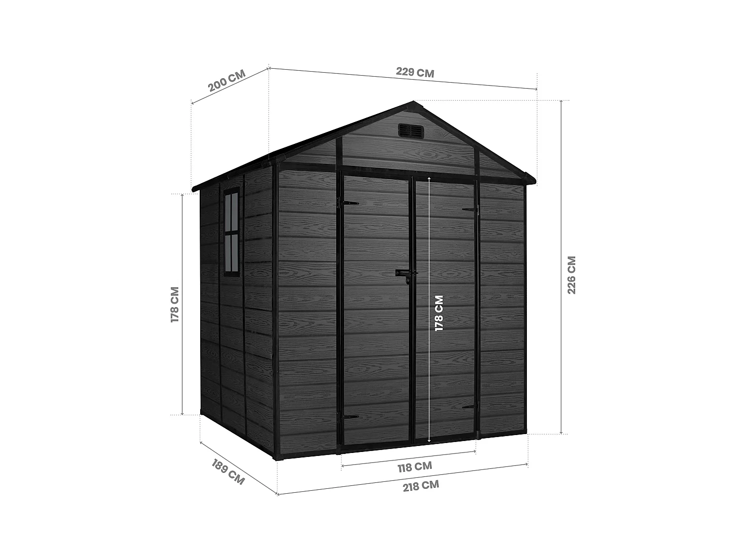 Wasabi - Riparo da Giardino in Resina Nero 4,6m² Aqua - 178x178x196cm - Riparo da giardino esterno - Porta doppia a battente - Finestra con luce naturale