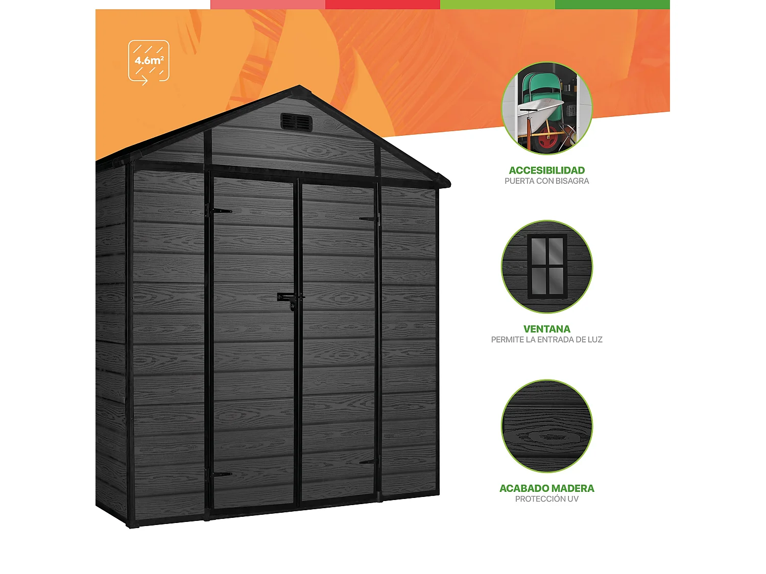 Wasabi - Riparo da Giardino in Resina Nero 4,6m² Aqua - 178x178x196cm - Riparo da giardino esterno - Porta doppia a battente - Finestra con luce naturale