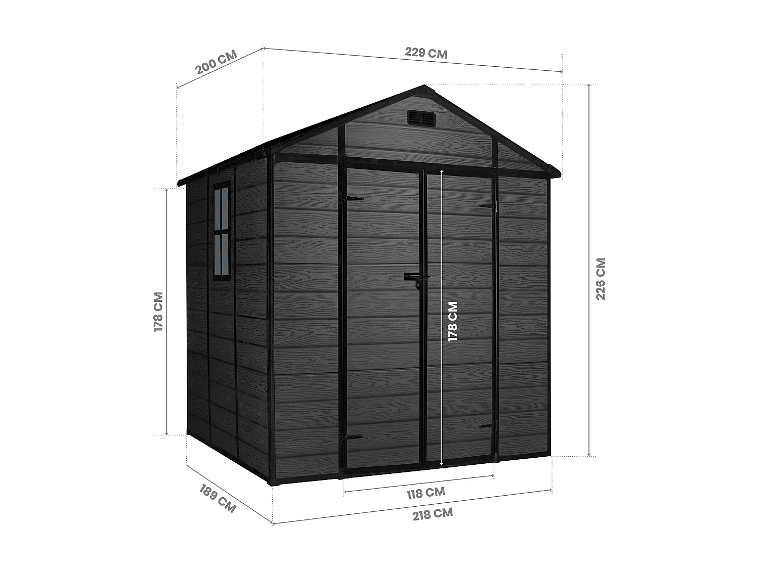 Wasabi - Riparo da Giardino in Resina Nero 4,6m² Aqua - 178x178x196cm - Riparo da giardino esterno - Porta doppia a battente - Finestra con luce naturale