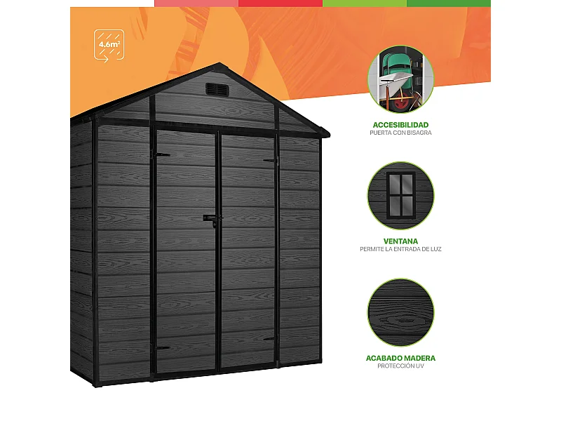 Wasabi - Riparo da Giardino in Resina Nero 4,6m² Aqua - 178x178x196cm - Riparo da giardino esterno - Porta doppia a battente - Finestra con luce naturale