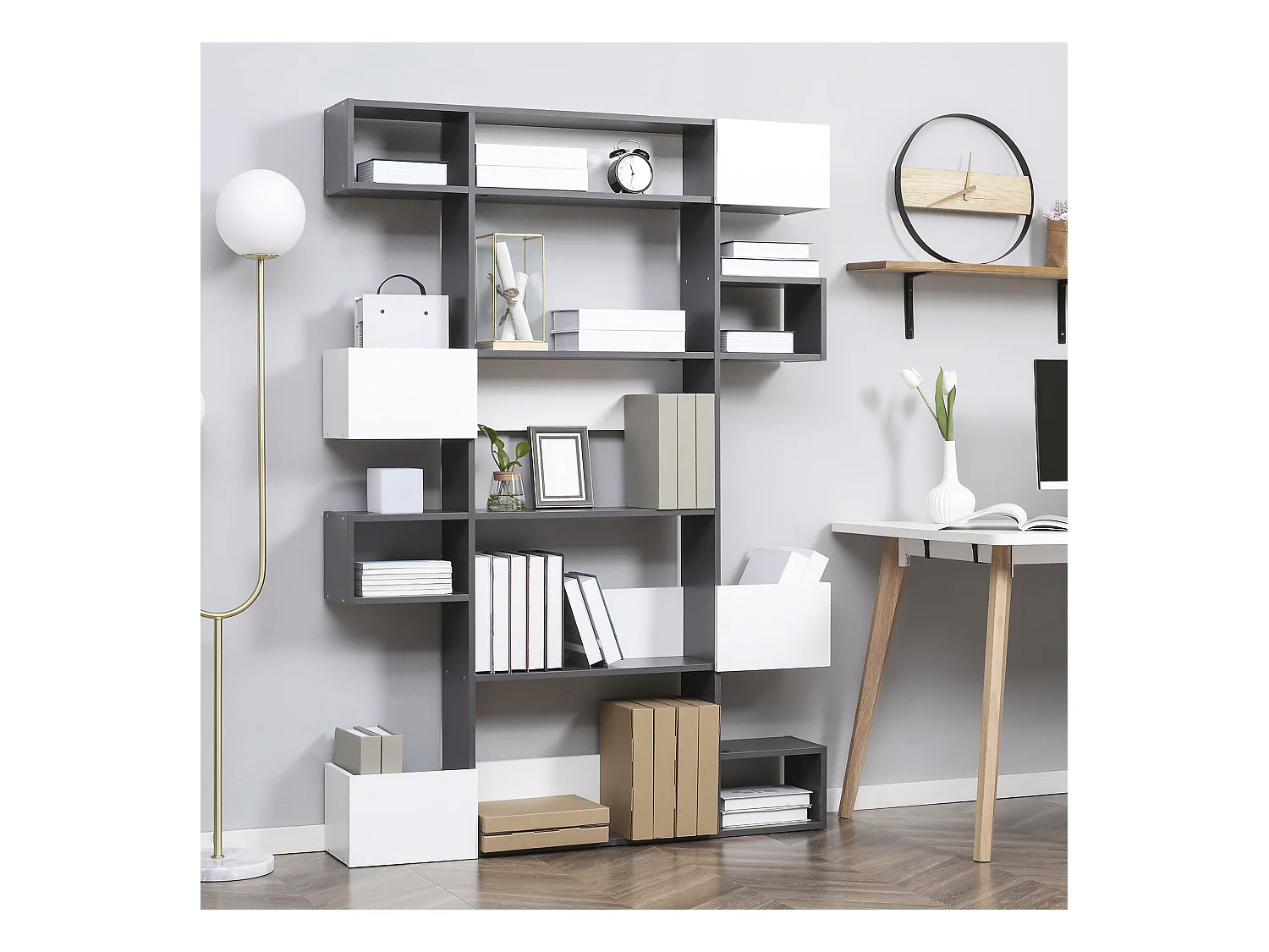 Libreria moderna a 3 ripiani con ruote in rete metallica bianco