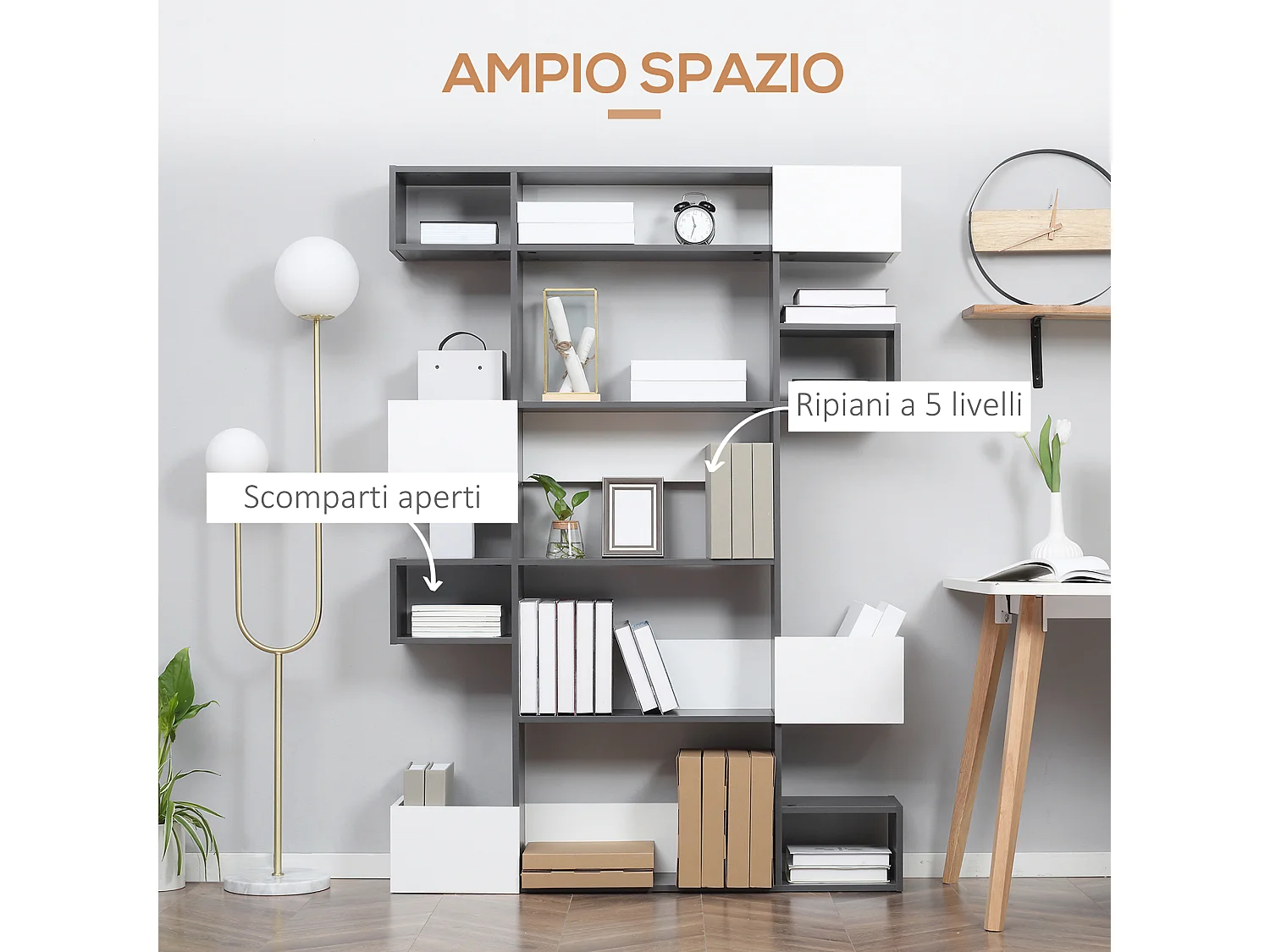 Libreria moderna a 3 ripiani con ruote in rete metallica bianco