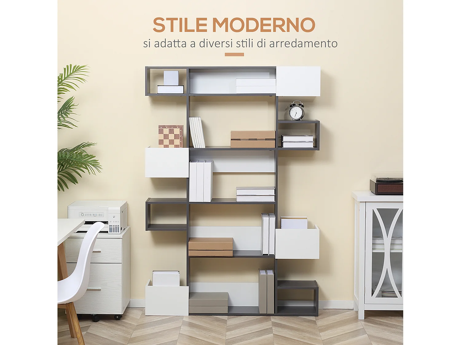 Libreria moderna a 3 ripiani con ruote in rete metallica bianco