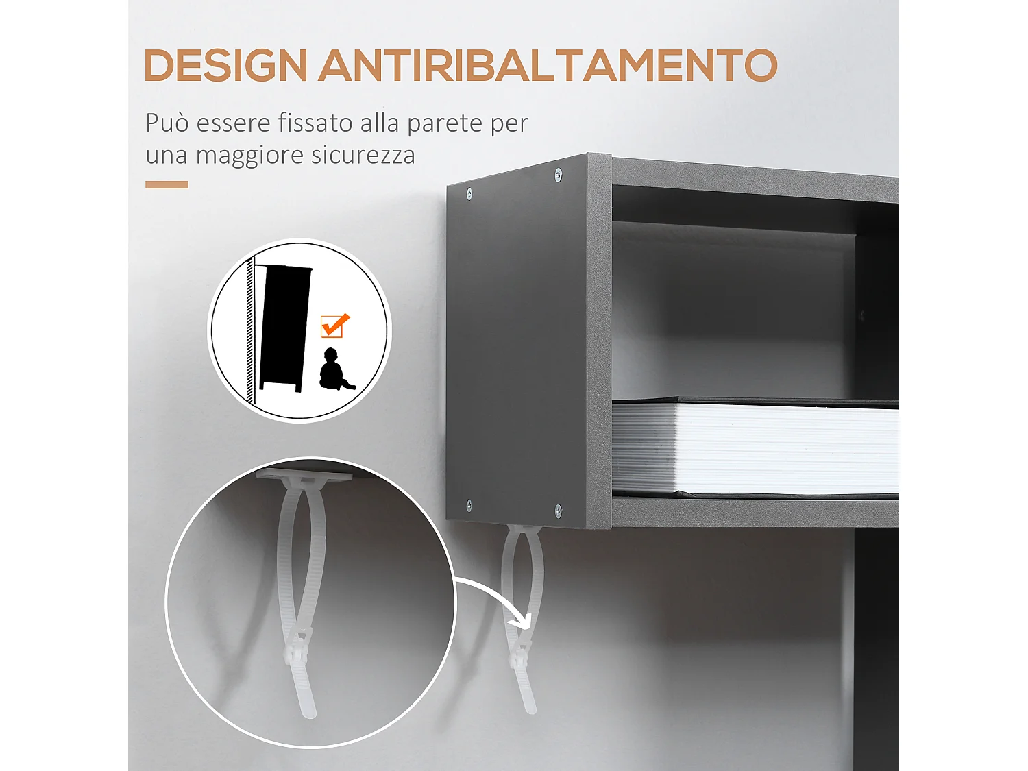 Libreria moderna a 3 ripiani con ruote in rete metallica bianco