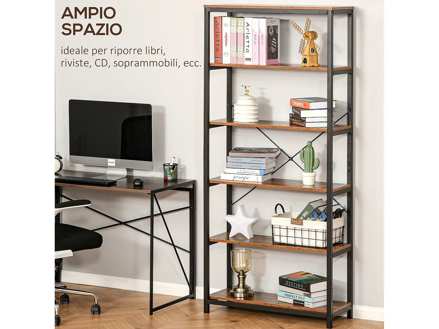 Libreria moderna a 4 ripiani con ruote in rete metallica bianco