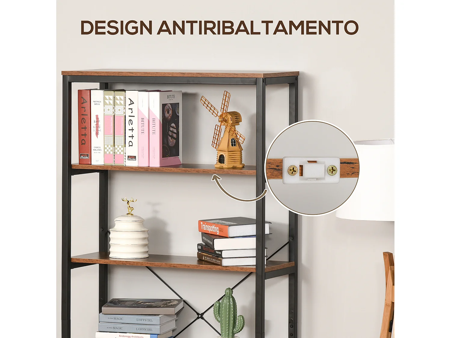 Libreria moderna a 4 ripiani con ruote in rete metallica bianco