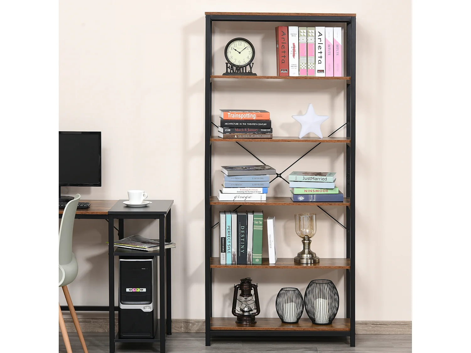 Libreria moderna a 4 ripiani con ruote in rete metallica bianco