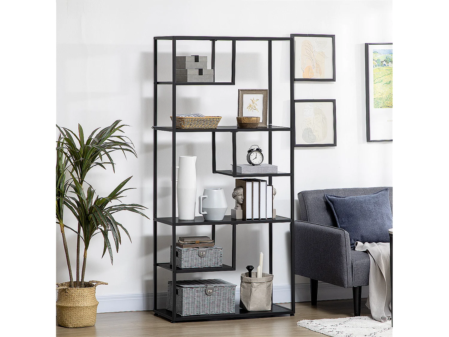 Mobile libreria portaoggetti a 3 livelli e 8 ripiani in mdf bianco